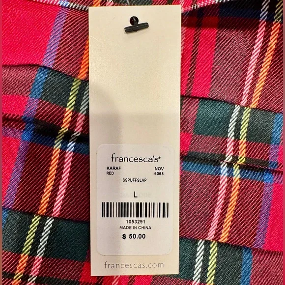 Francesca’s Collections Nicole Plaid Puff Sleeve Pleated Holiday Blouse NWT - Picture 11 of 15